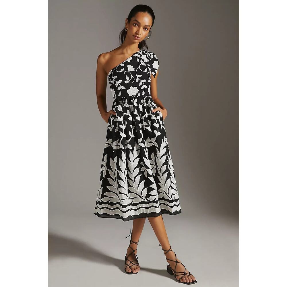 One-Shoulder Black & White Floral Midi Dress